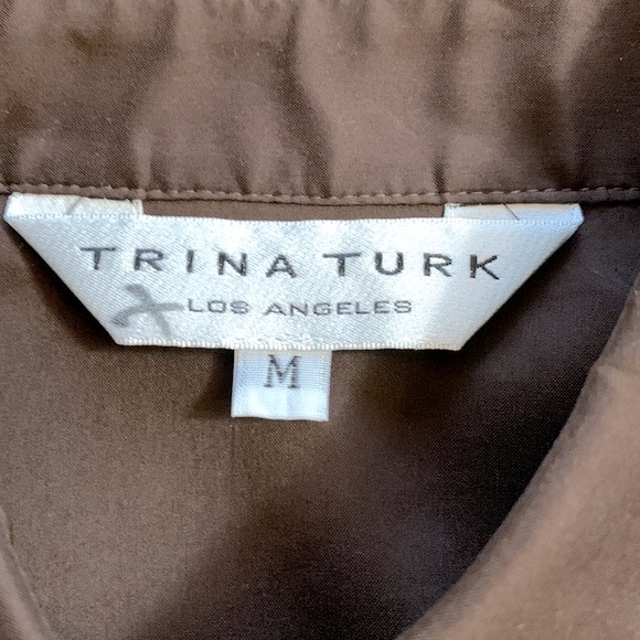 TRINA Turk blouse puff 3/4 sleeve button down top curved hemline women’s sz M - Picture 3 of 10